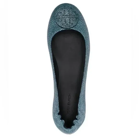 Tory Burch Aqua Reva Speckled Pebbled Leather Logo Flats