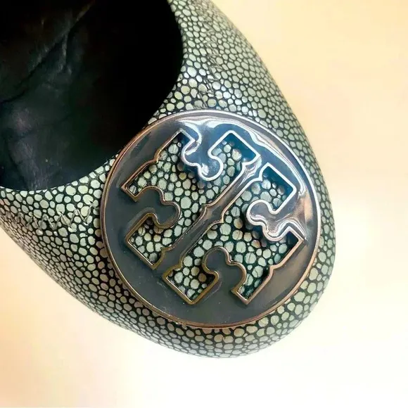Tory Burch Aqua Reva Speckled Pebbled Leather Logo Flats