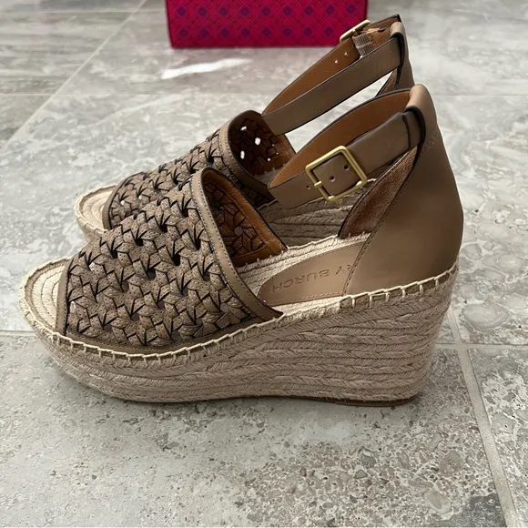 Tory Burch Basketweave Espadrille Ankle Strap Wedges Leather, NWT, Size 10