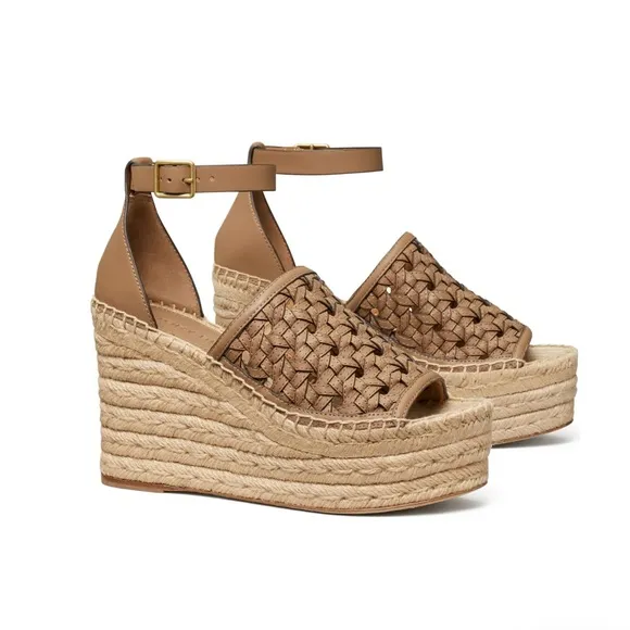 Tory Burch Basketweave Espadrille Ankle Strap Wedges Leather, NWT, Size 10
