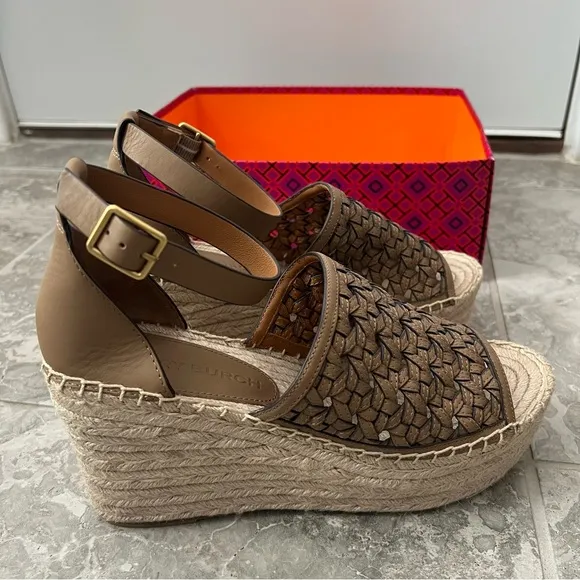 Tory Burch Basketweave Espadrille Ankle Strap Wedges Leather, NWT, Size 10