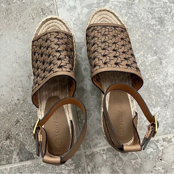 Tory Burch Basketweave Espadrille Ankle Strap Wedges Leather, NWT, Size 10