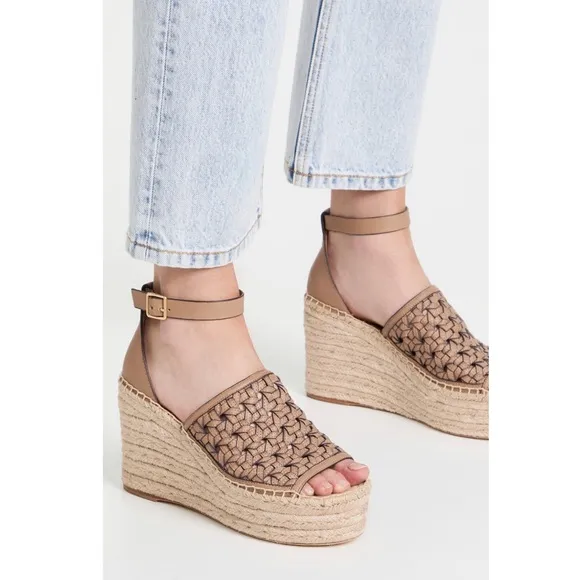 Tory Burch Basketweave Espadrille Ankle Strap Wedges Leather, NWT, Size 10