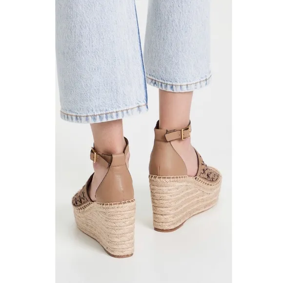 Tory Burch Basketweave Espadrille Ankle Strap Wedges Leather, NWT, Size 10