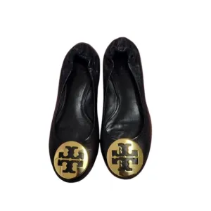 Tory Burch Black and Gold Flats with Iconic Logo