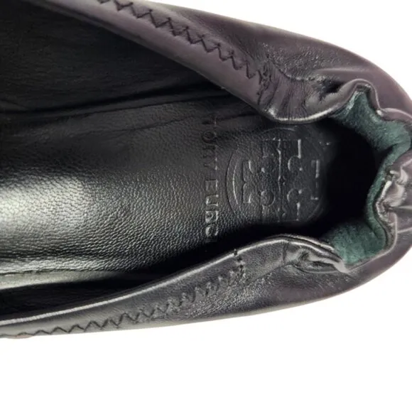 Tory Burch Black and Gold Flats with Iconic Logo