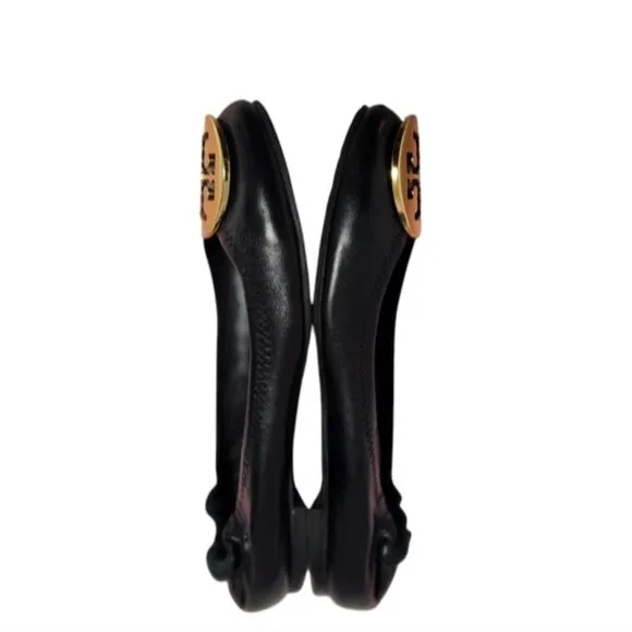 Tory Burch Black and Gold Flats with Iconic Logo