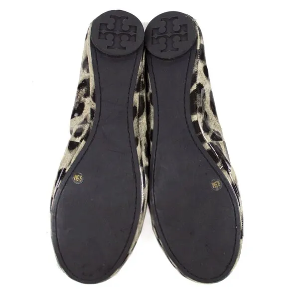 TORY BURCH Black Gray Snow Leopard EDDIE Patent Leather Ballet Flats