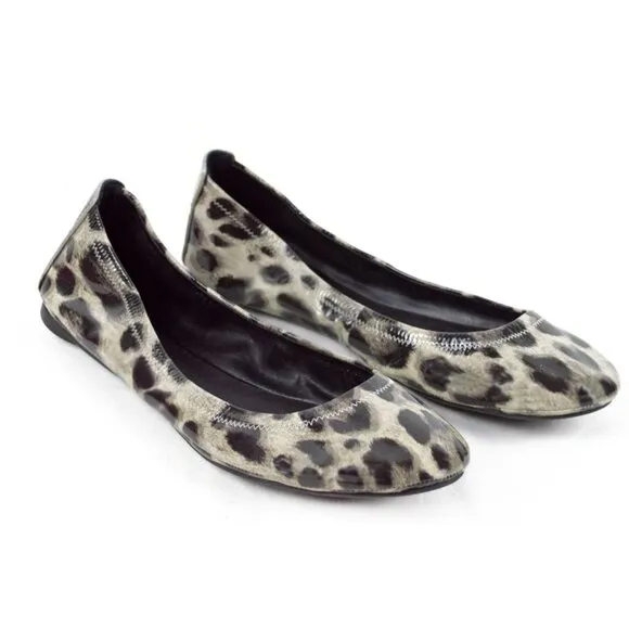 TORY BURCH Black Gray Snow Leopard EDDIE Patent Leather Ballet Flats