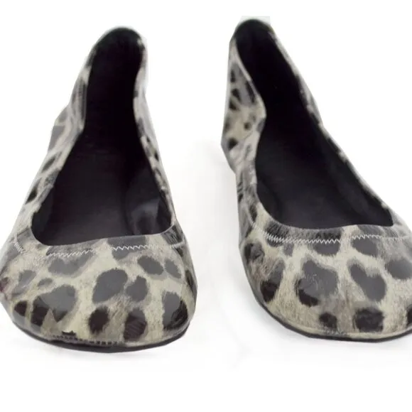 TORY BURCH Black Gray Snow Leopard EDDIE Patent Leather Ballet Flats