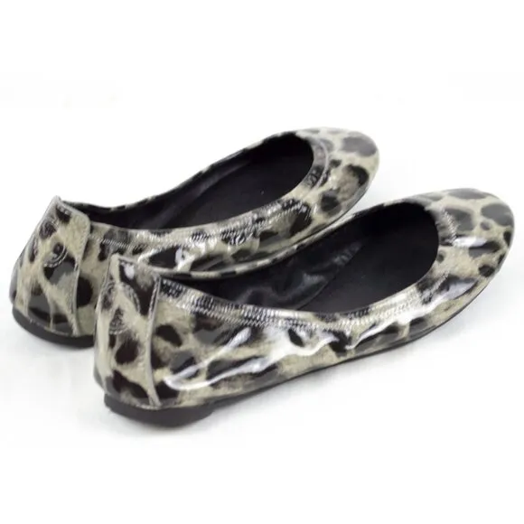 TORY BURCH Black Gray Snow Leopard EDDIE Patent Leather Ballet Flats
