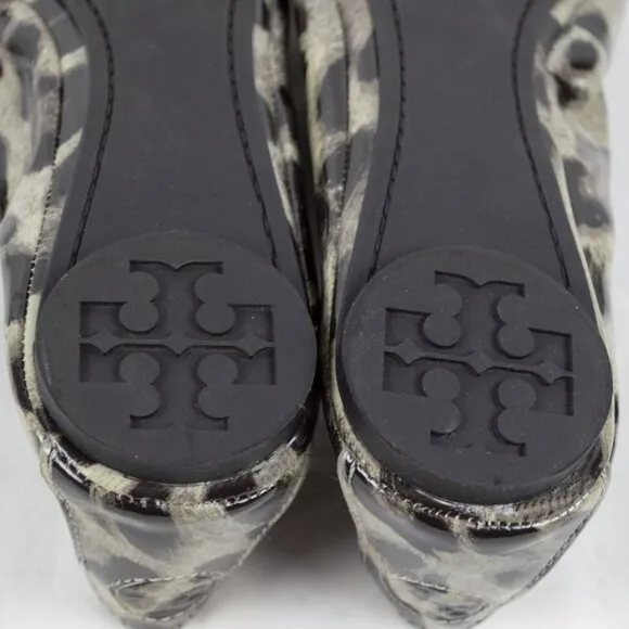 TORY BURCH Black Gray Snow Leopard EDDIE Patent Leather Ballet Flats