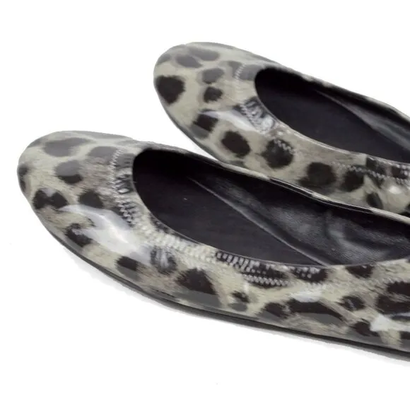 TORY BURCH Black Gray Snow Leopard EDDIE Patent Leather Ballet Flats