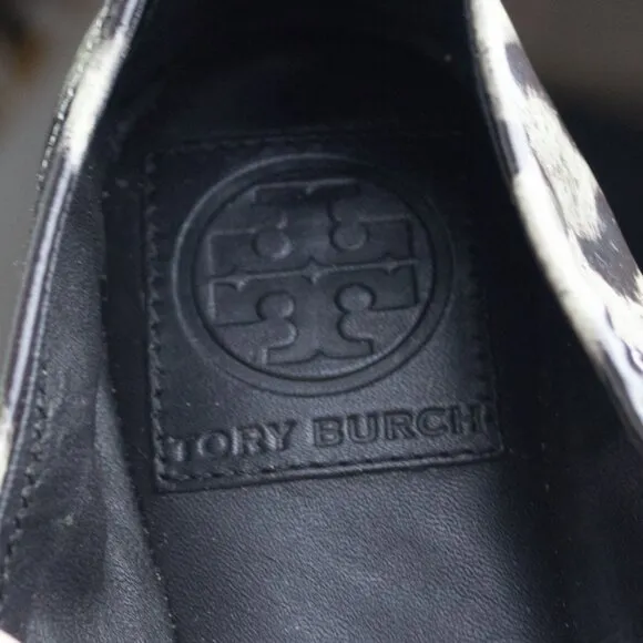 TORY BURCH Black Gray Snow Leopard EDDIE Patent Leather Ballet Flats