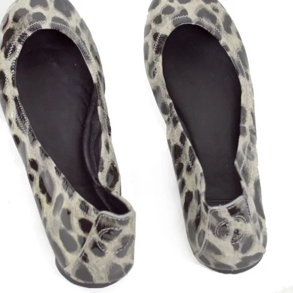 TORY BURCH Black Gray Snow Leopard EDDIE Patent Leather Ballet Flats