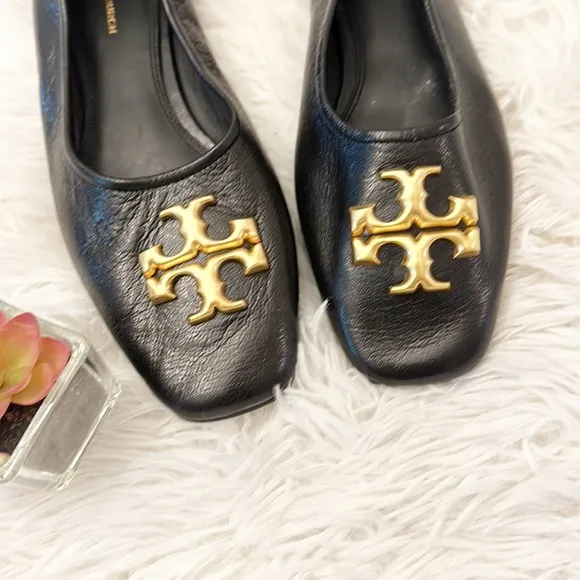 TORY BURCH Black Leather Ballet Gold Logo luxury flats women size 8