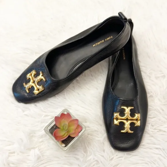 TORY BURCH Black Leather Ballet Gold Logo luxury flats women size 8
