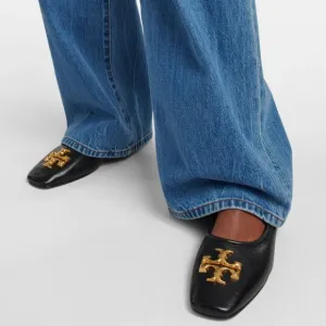 TORY BURCH Black Leather Ballet Gold Logo luxury flats women size 8