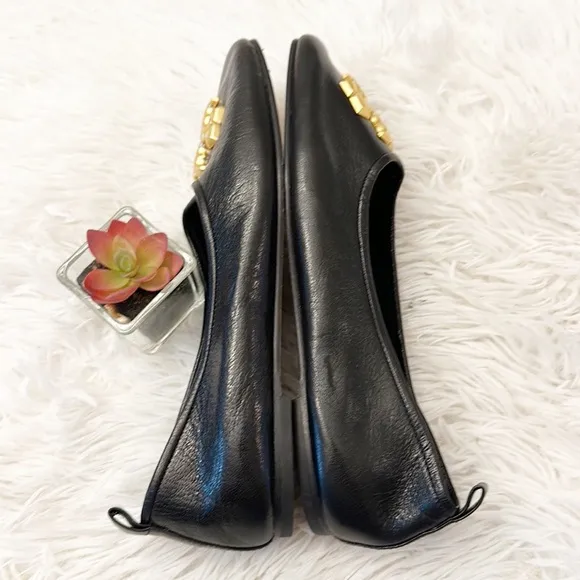 TORY BURCH Black Leather Ballet Gold Logo luxury flats women size 8