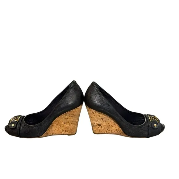 Tory Burch Black Leather Cork Wedge Peep Toe Logo Heels – Size 8 – Chic Staple