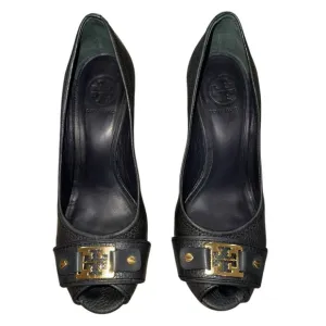 Tory Burch Black Leather Cork Wedge Peep Toe Logo Heels – Size 8 – Chic Staple