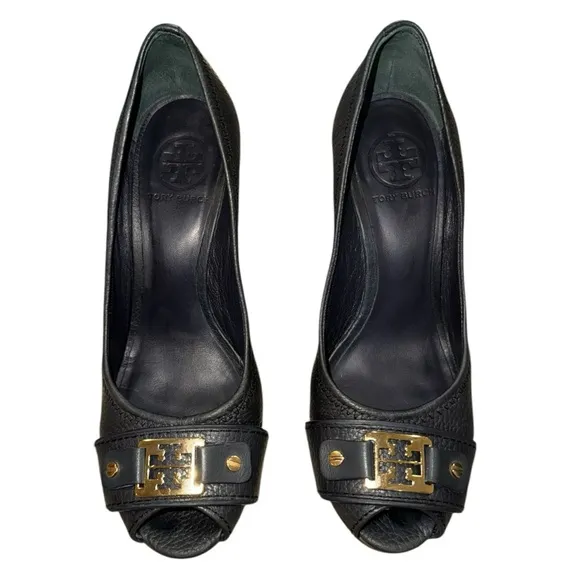 Tory Burch Black Leather Cork Wedge Peep Toe Logo Heels – Size 8 – Chic Staple
