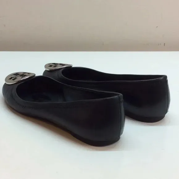 Tory Burch Black Leather Flats with Silver Logo
