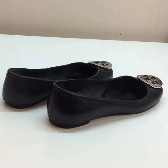 Tory Burch Black Leather Flats with Silver Logo