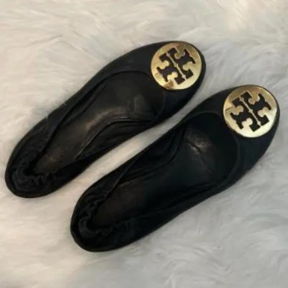 Tory Burch Black Leather Gold Logo Reva Ballet Flats Sz 6.5