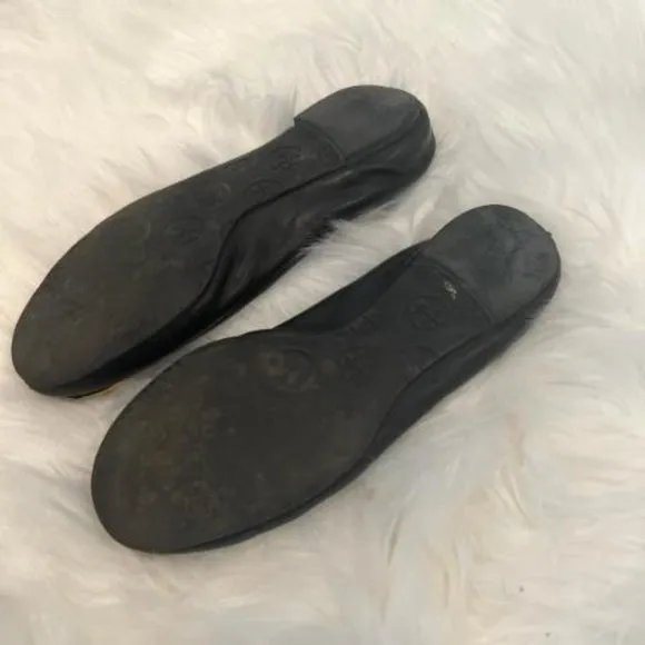 Tory Burch Black Leather Gold Logo Reva Ballet Flats Sz 6.5