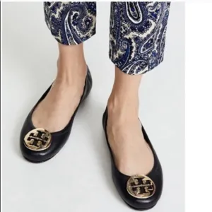 Tory Burch Black Leather Gold Logo Reva Ballet Flats Sz 6.5