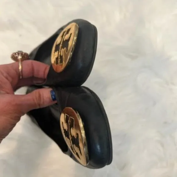 Tory Burch Black Leather Gold Logo Reva Ballet Flats Sz 6.5