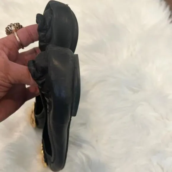Tory Burch Black Leather Gold Logo Reva Ballet Flats Sz 6.5