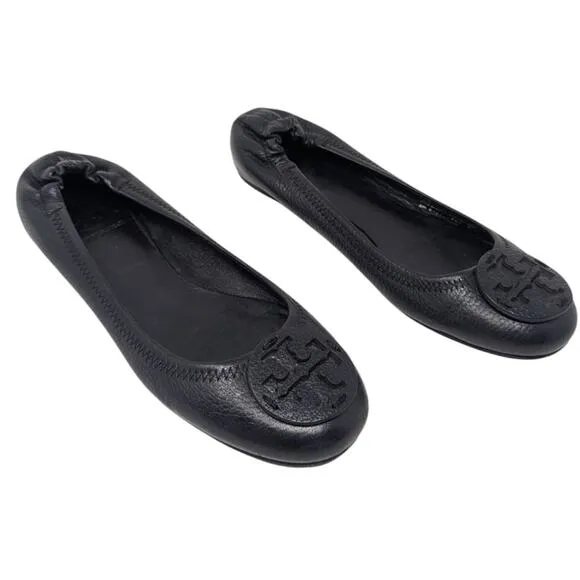 Tory Burch Black Napa Leather Minnie Ballet Flats Logo 7.5