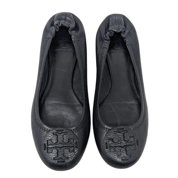 Tory Burch Black Napa Leather Minnie Ballet Flats Logo 7.5