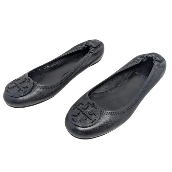 Tory Burch Black Napa Leather Minnie Ballet Flats Logo 7.5