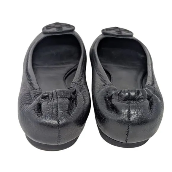 Tory Burch Black Napa Leather Minnie Ballet Flats Logo 7.5