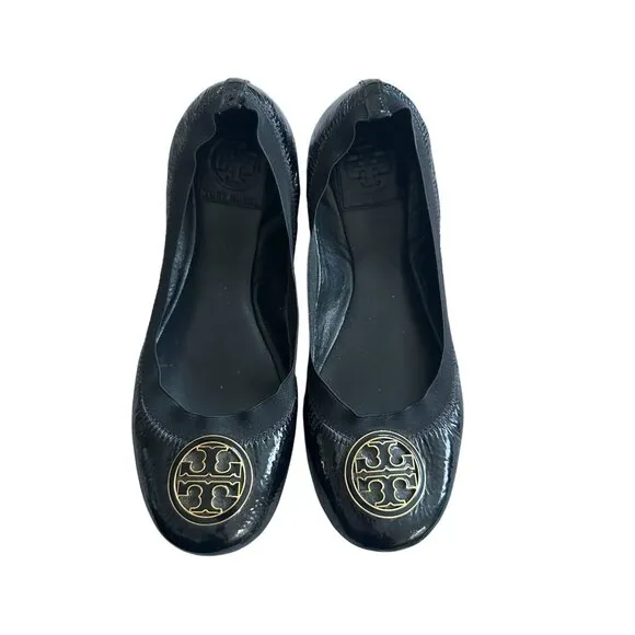 TORY BURCH Black Patent Leather Logo Ballet Flats Size 8
