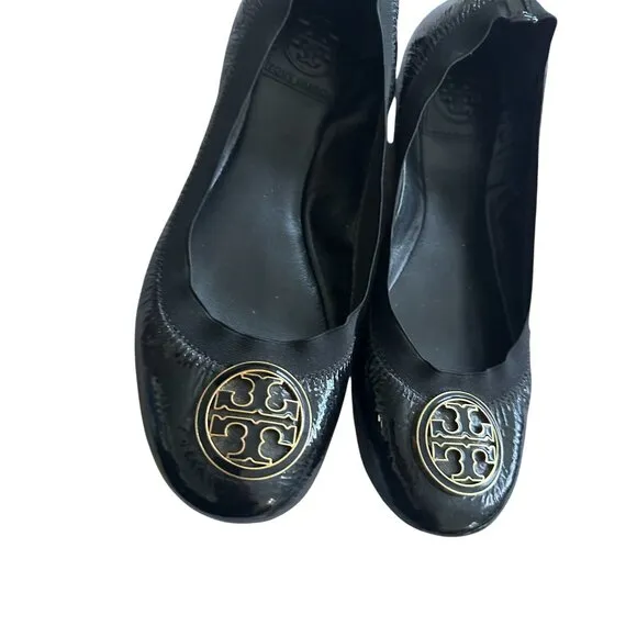 TORY BURCH Black Patent Leather Logo Ballet Flats Size 8