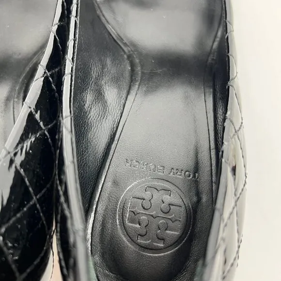 Tory Burch Black Patent Leather Quilted Wedges | Size 9