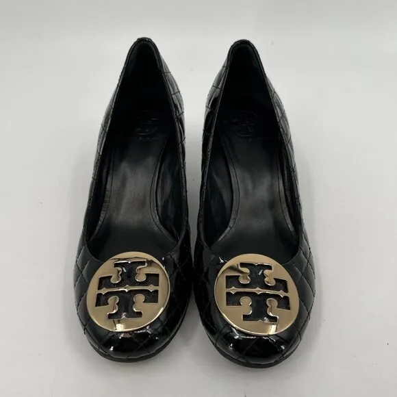Tory Burch Black Patent Leather Quilted Wedges | Size 9