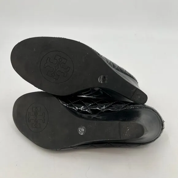 Tory Burch Black Patent Leather Quilted Wedges | Size 9