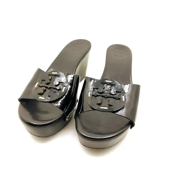 Tory Burch Black Patent Leather Wedges with Medallion