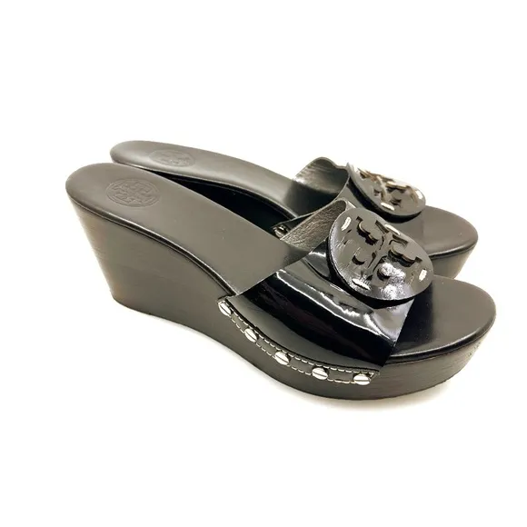 Tory Burch Black Patent Leather Wedges with Medallion