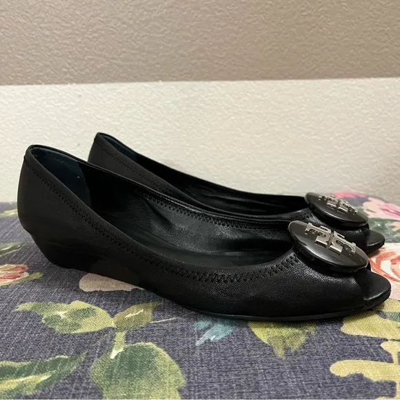 Tory Burch Black Peep Toe Wedge Shoes with Sleek Design size 9M