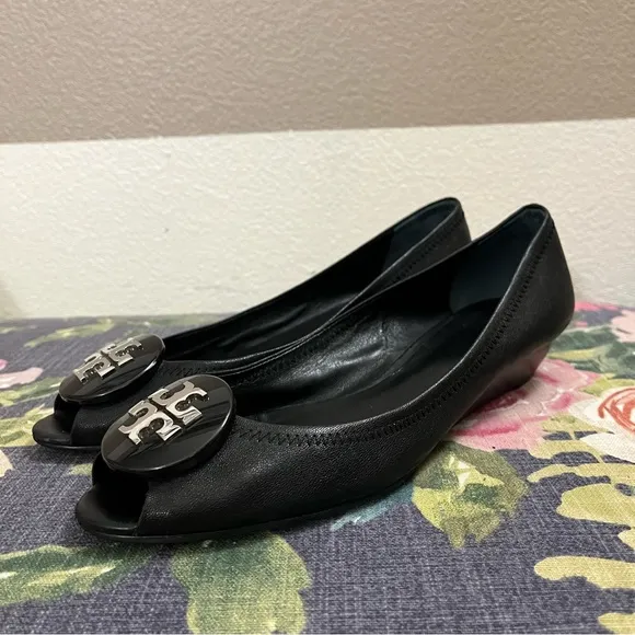 Tory Burch Black Peep Toe Wedge Shoes with Sleek Design size 9M