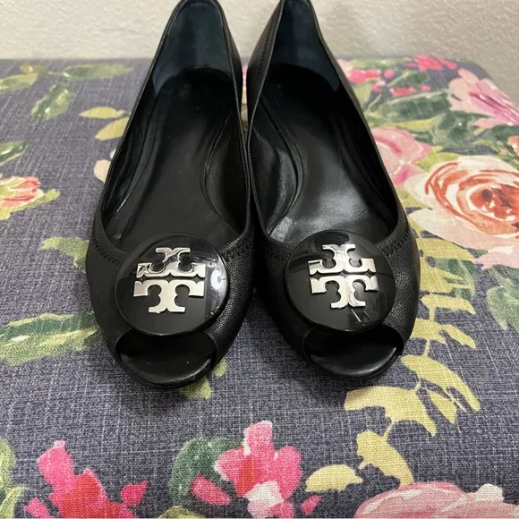 Tory Burch Black Peep Toe Wedge Shoes with Sleek Design size 9M