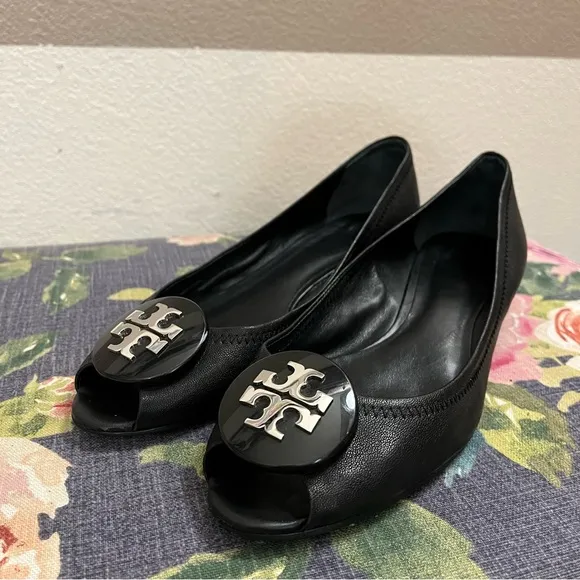 Tory Burch Black Peep Toe Wedge Shoes with Sleek Design size 9M