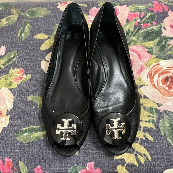 Tory Burch Black Peep Toe Wedge Shoes with Sleek Design size 9M