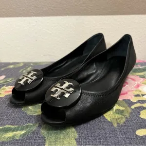Tory Burch Black Peep Toe Wedge Shoes with Sleek Design size 9M